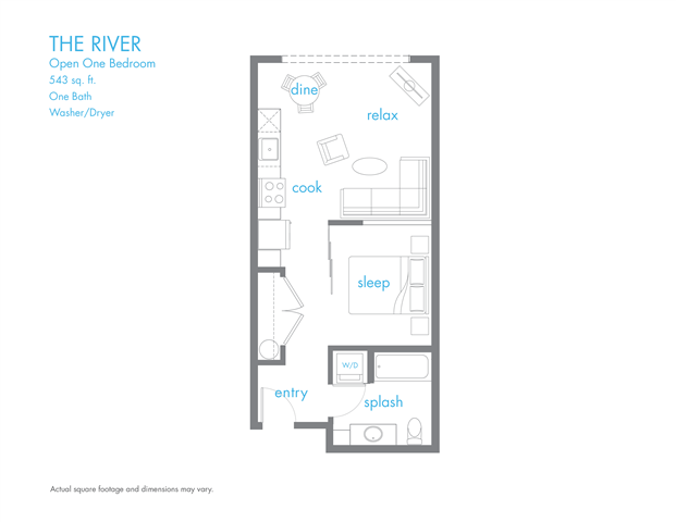 Floor plan for 1 bed, 1 bath, 543 sqft